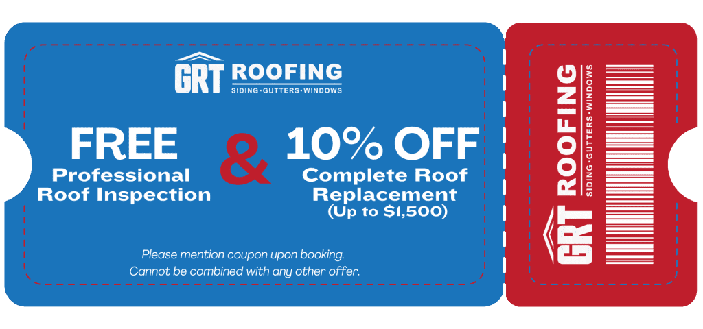 GRT Roofing offers a free roof inspection and 10% off full replacement, up to $1,500. Mention coupon when booking.
